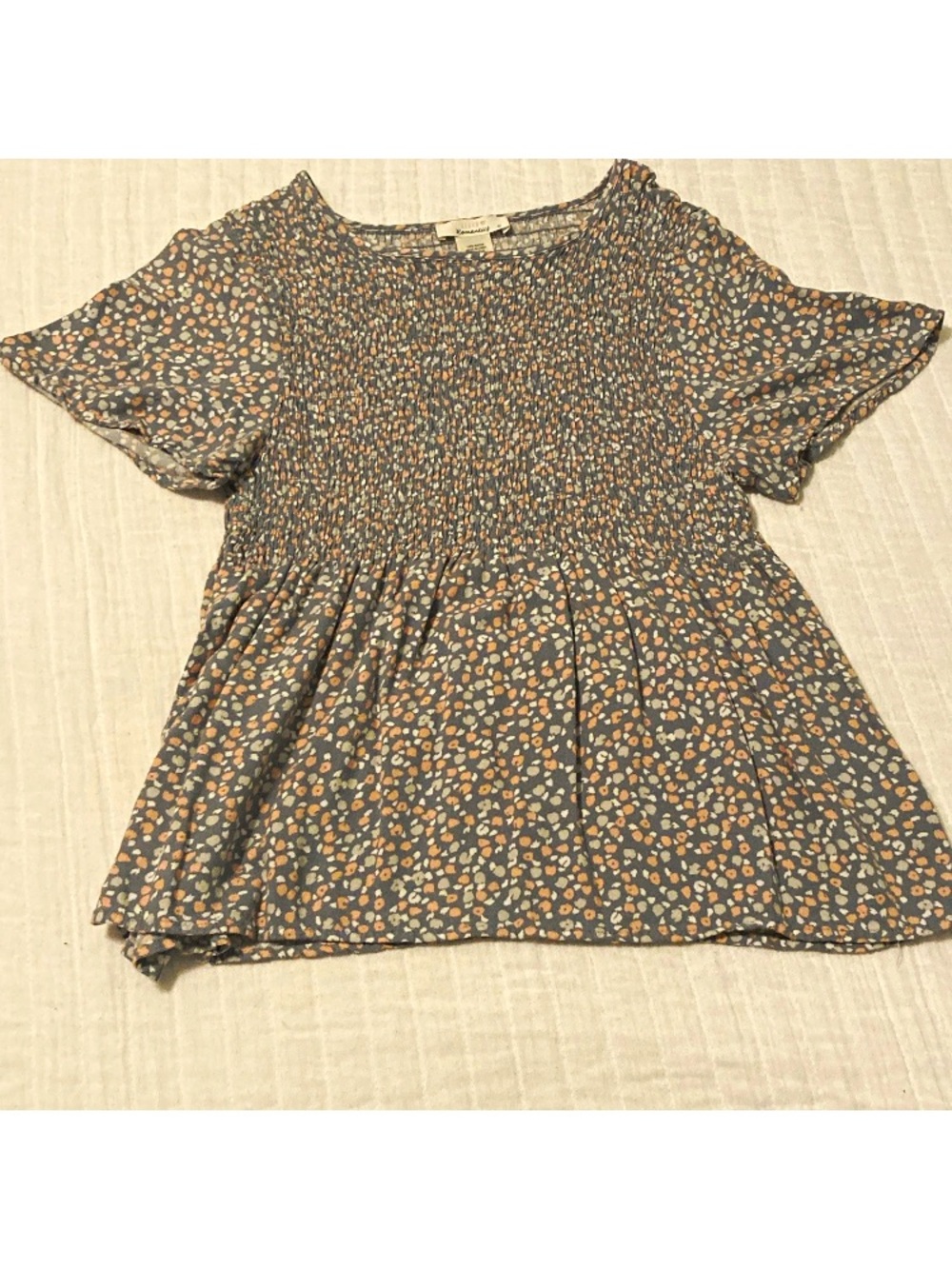 URBAN Romantics Smocked Floral Tunic Top - Slate Blue with Peach & Cream Spots